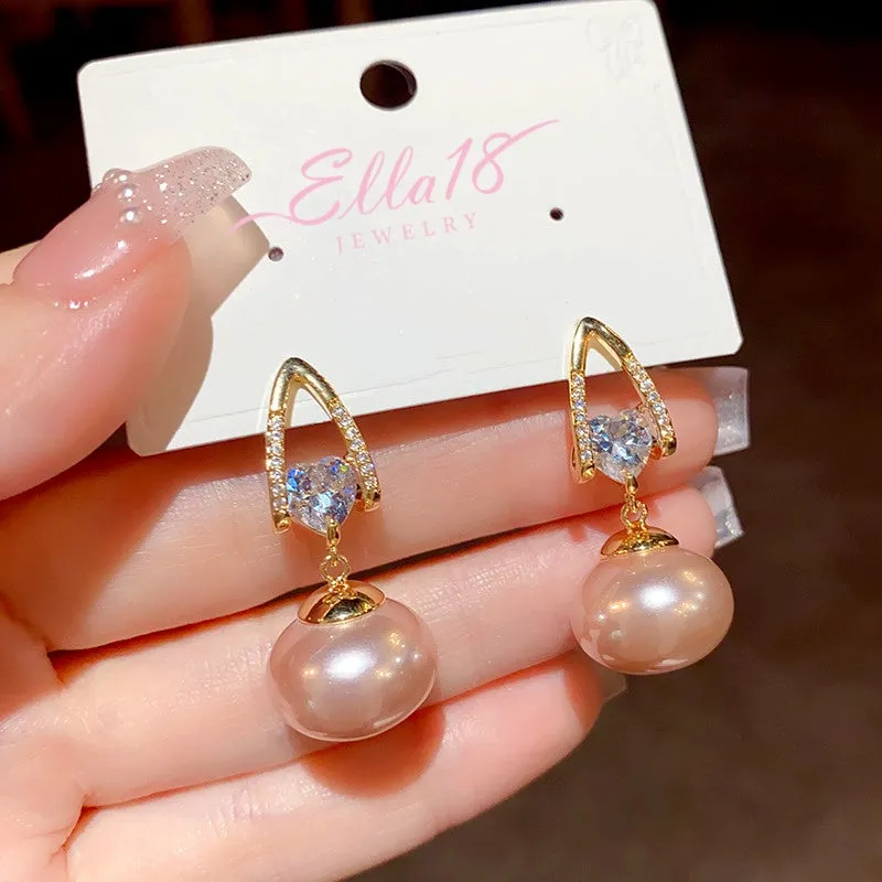 14K Gold-Plated Exquisite Pearl Zircon Heart Earrings