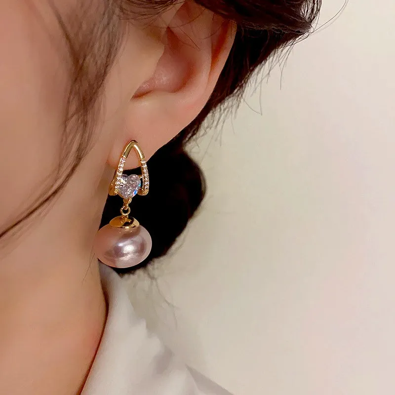 14K Gold-Plated Exquisite Pearl Zircon Heart Earrings