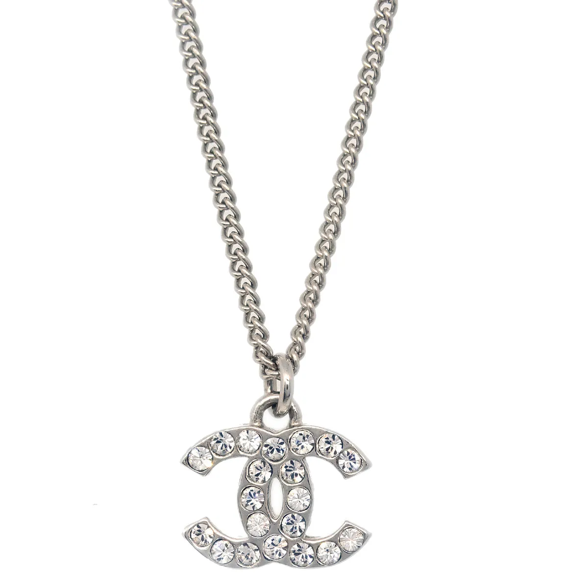 Chanel CC Chain Necklace Pendant Rhinestone Silver F12V