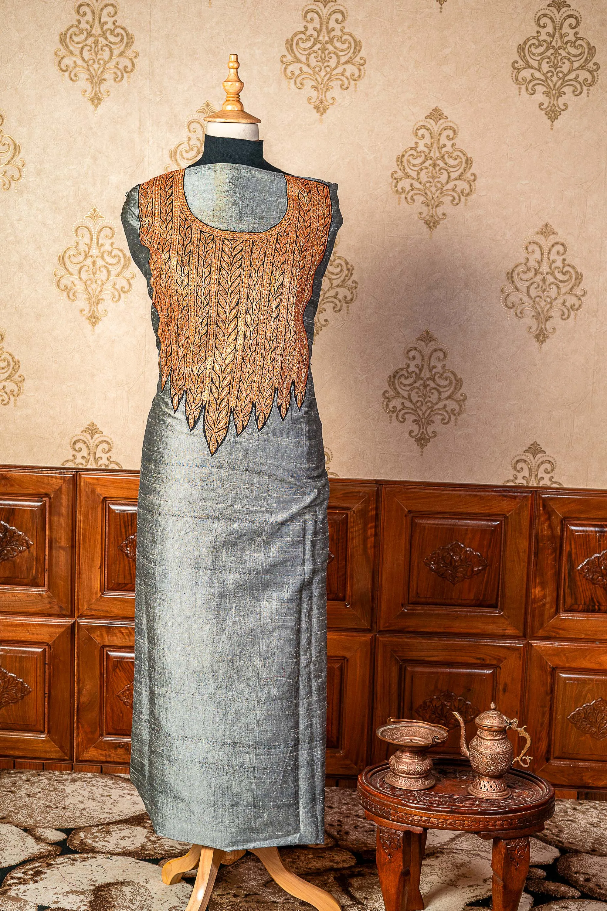 Contemporary Elegance: Grey Suit with Exquisite Tilla Embroidery