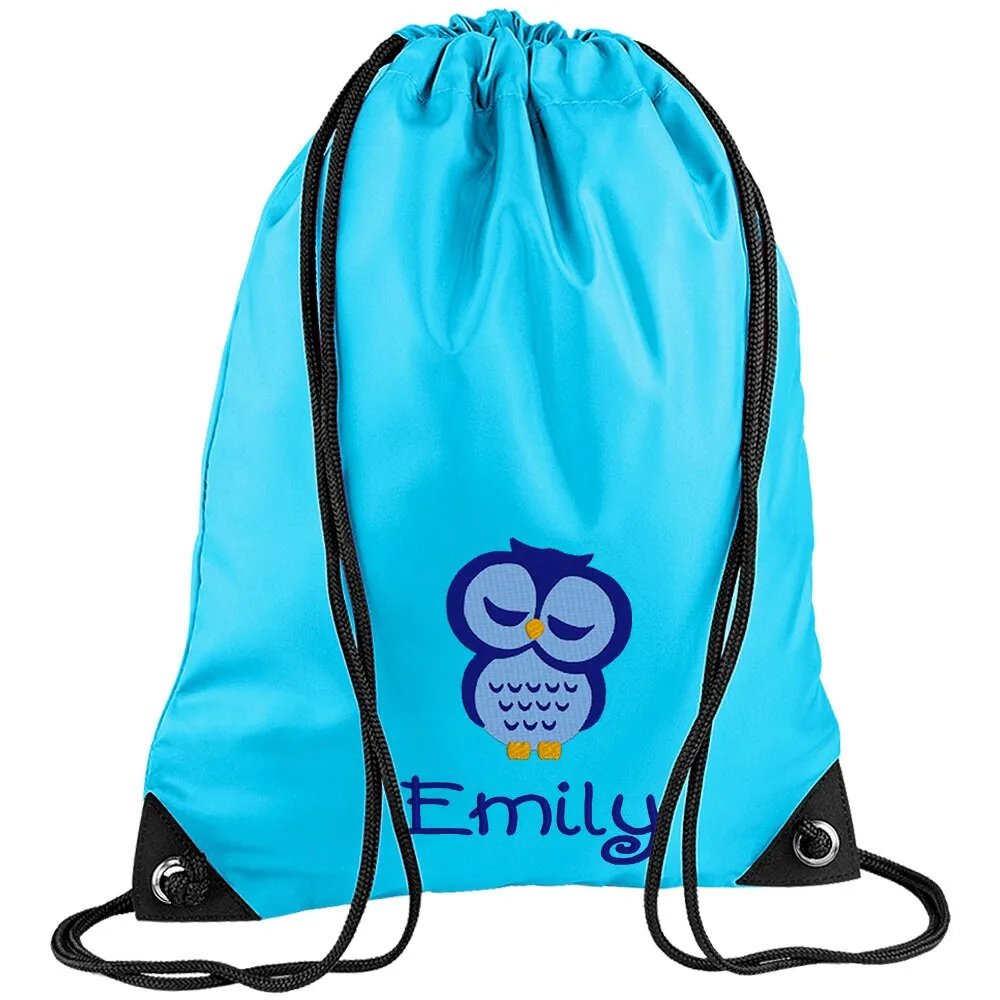 Embroidered Owl Personalised PE Bag, Kit Bag Drawstring Bag