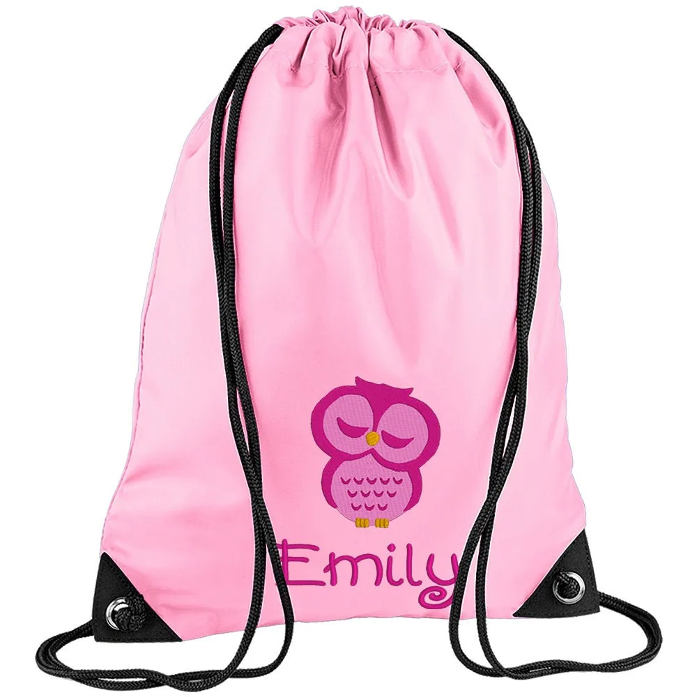 Embroidered Owl Personalised PE Bag, Kit Bag Drawstring Bag