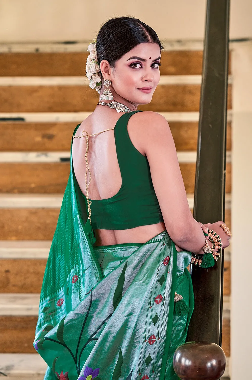 Exquisite Green Viscose Paithani Meenakari Saree