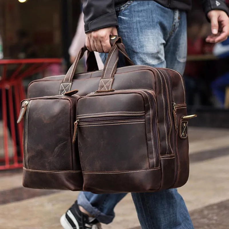 Men Leather Briefcase Crazy Horse Leather Shoulder Messenger Bag Men Tote Bag
