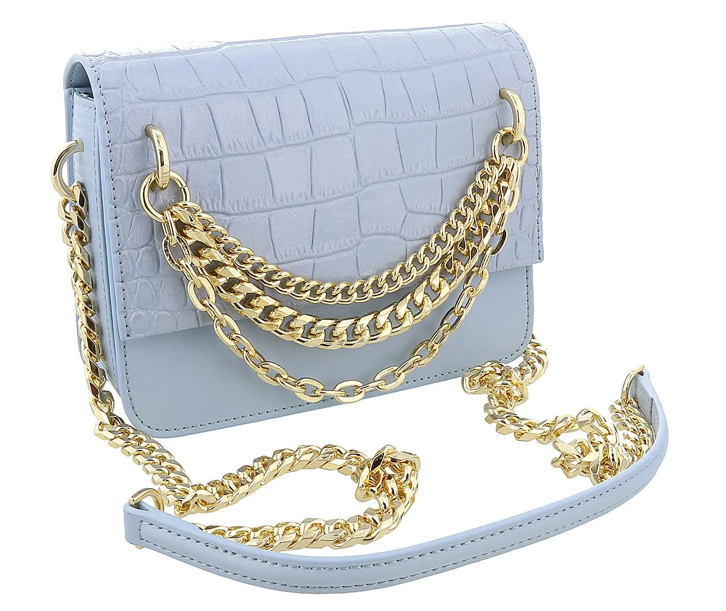 Roberto Cavalli Class Light Blue Embossed Medium Milano Chain Shoulder Bag