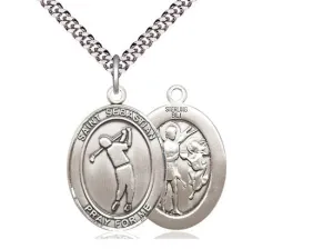 St Sebastian Golf Sterling Silver Pendant on a 24 inch Light Rhodium Heavy Curb Chain.
